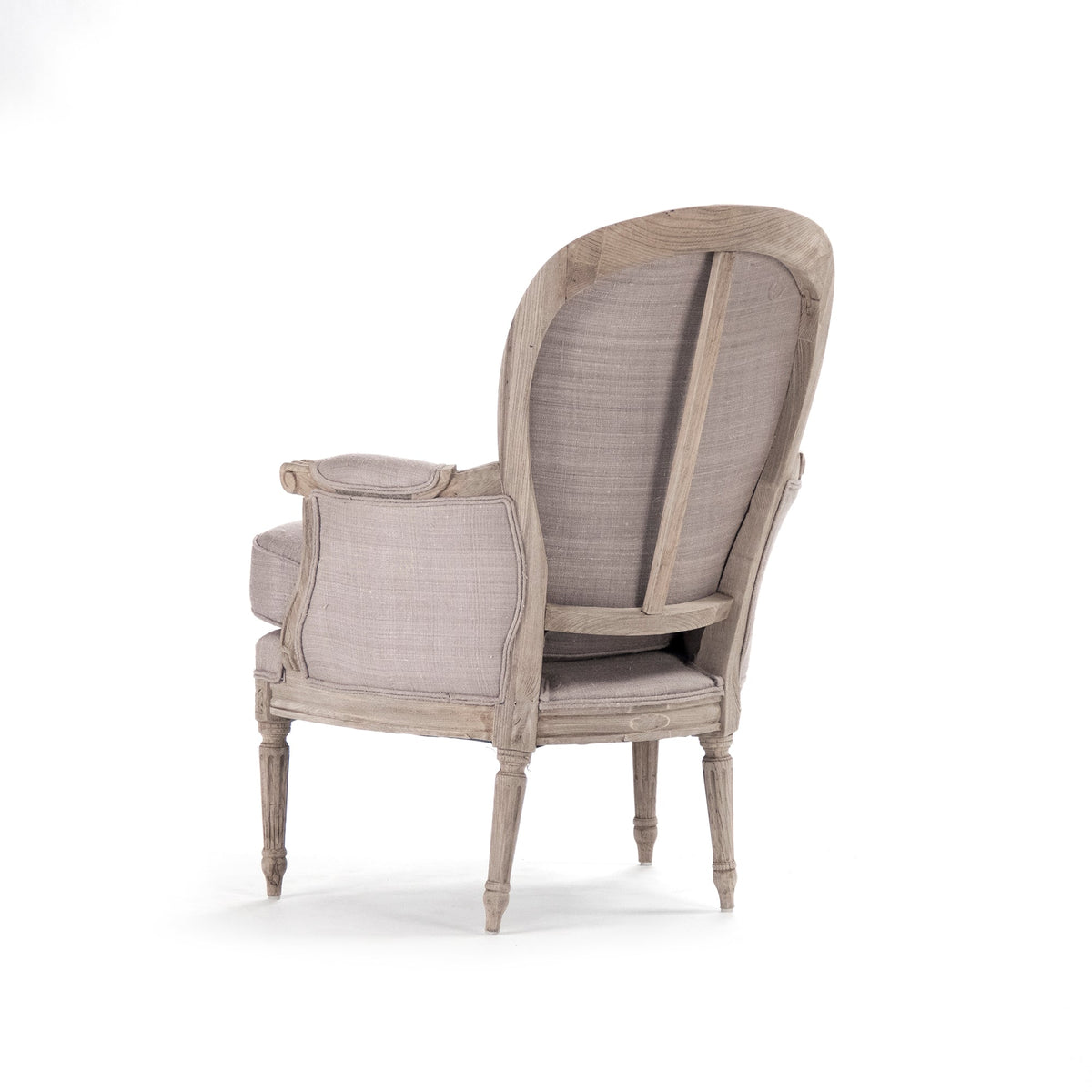 Sebastian French Carved Elm Silk Bergère Chair in Mauve Grey Silk, studio photo 3 of 3 on a white background