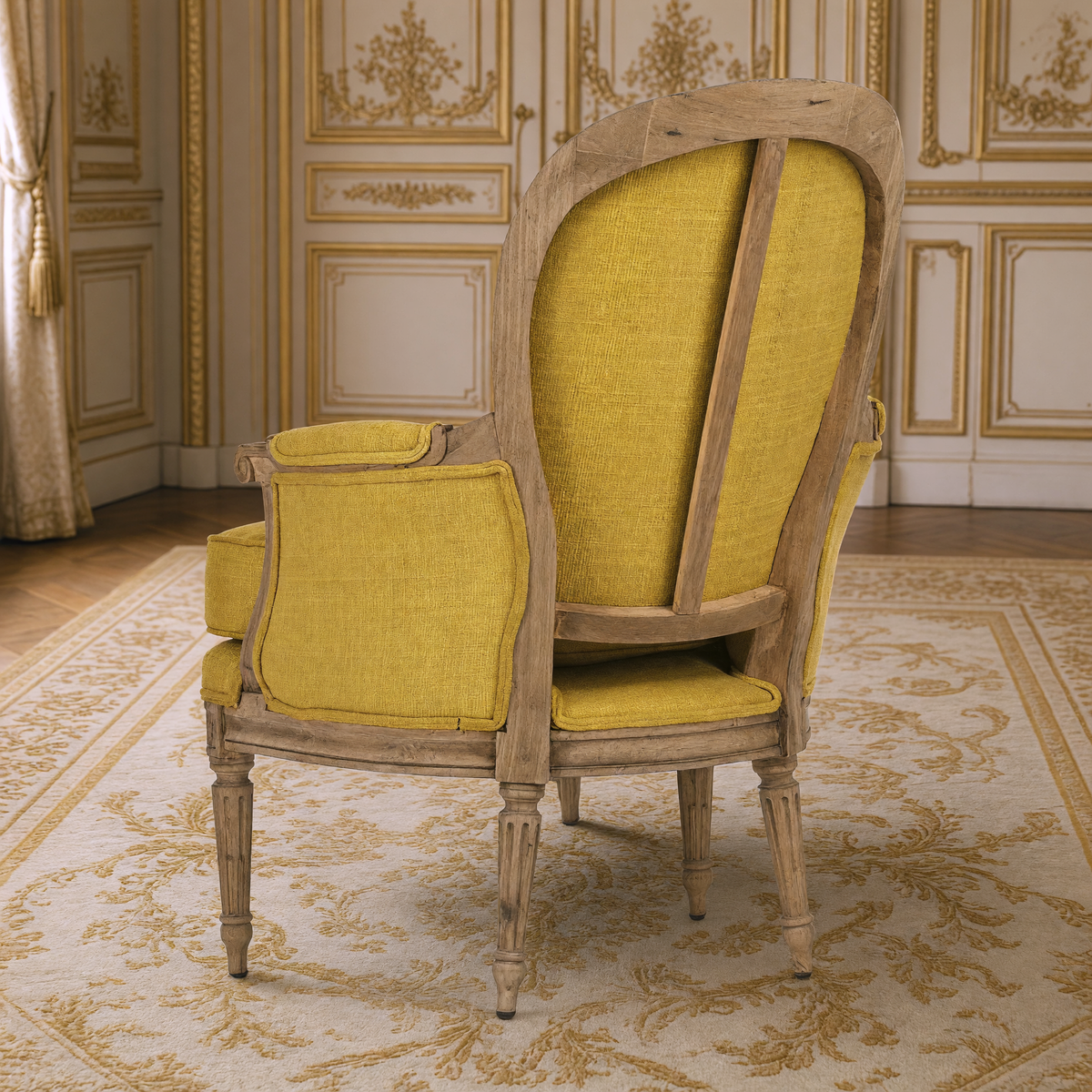 Sebastian French Carved Elm Silk Bergère Chair in Yellow Silk, back view showing the oval back and carved elm frame