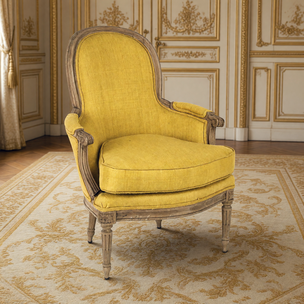 Sebastian French Carved Elm Silk Bergère Chair in Yellow Silk, in a French salon on an Aubusson carpet