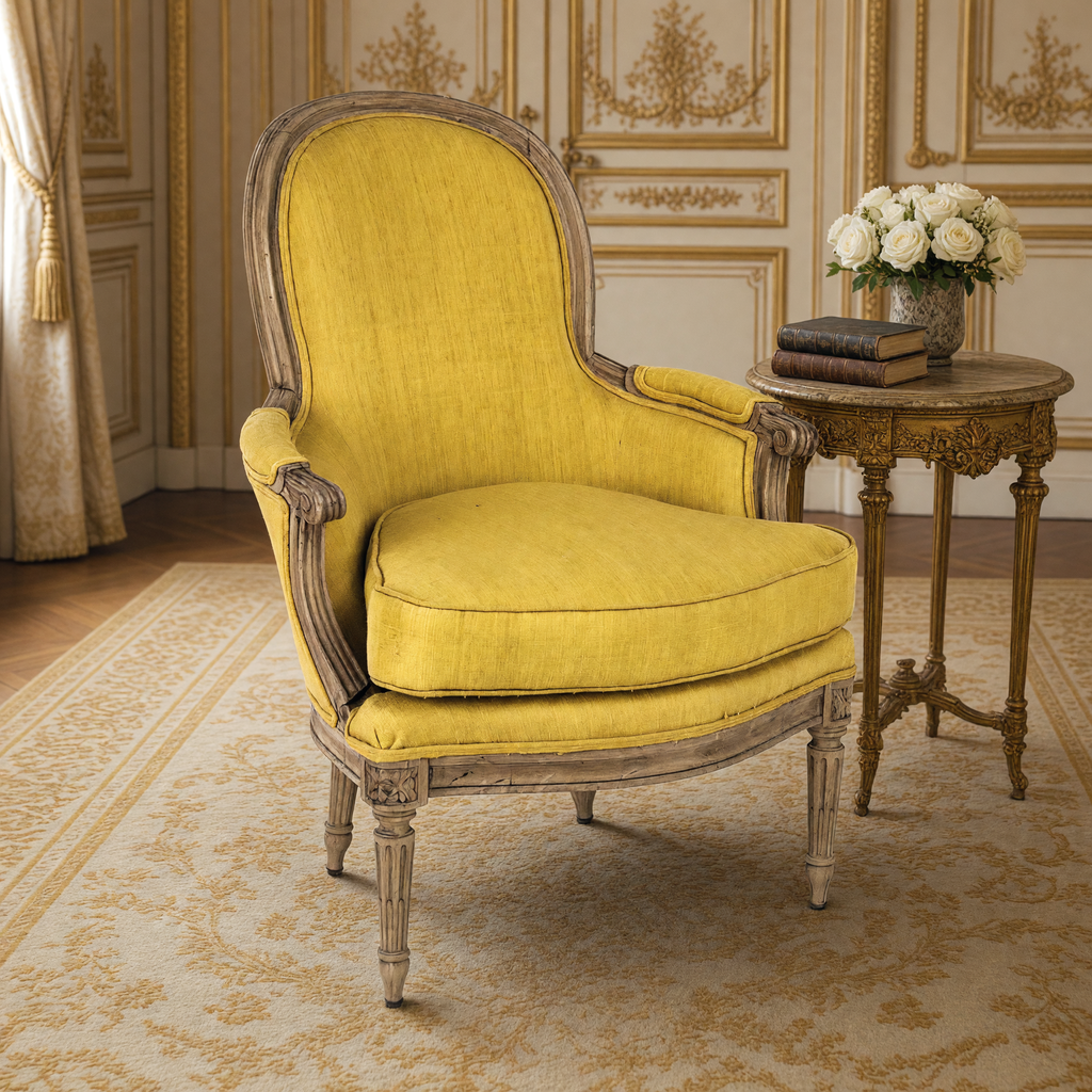 Sebastian French Carved Elm Silk Bergère Chair in Yellow Silk, close-up of the silk upholstery and carved elm arm front