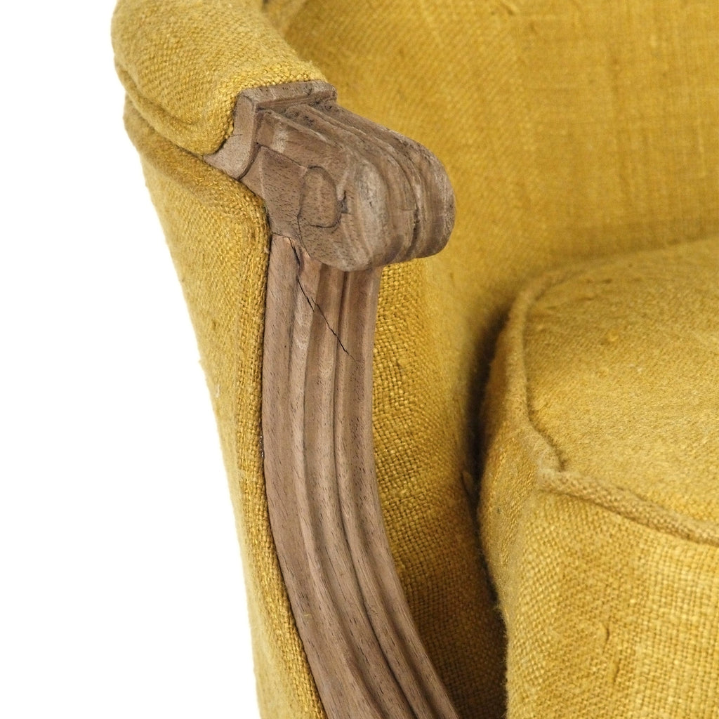 Sebastian French Carved Elm Silk Bergère Chair in Yellow Silk, detail of the carved elm frame and silk weave