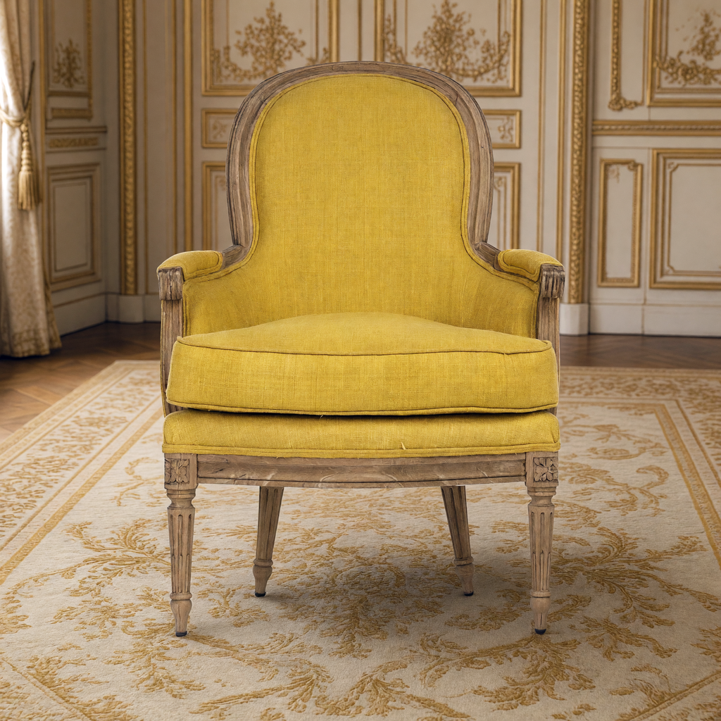 Sebastian French Carved Elm Silk Bergère Chair in Yellow Silk, front view in a French salon