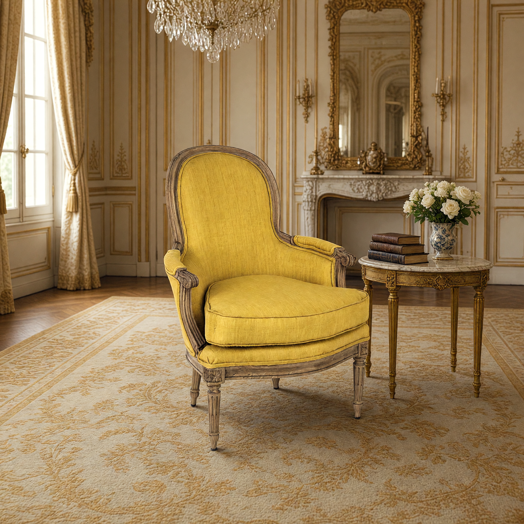 Sebastian French Carved Elm Silk Bergère Chair in Yellow Silk, styled in a French drawing room beneath a crystal chandelier
