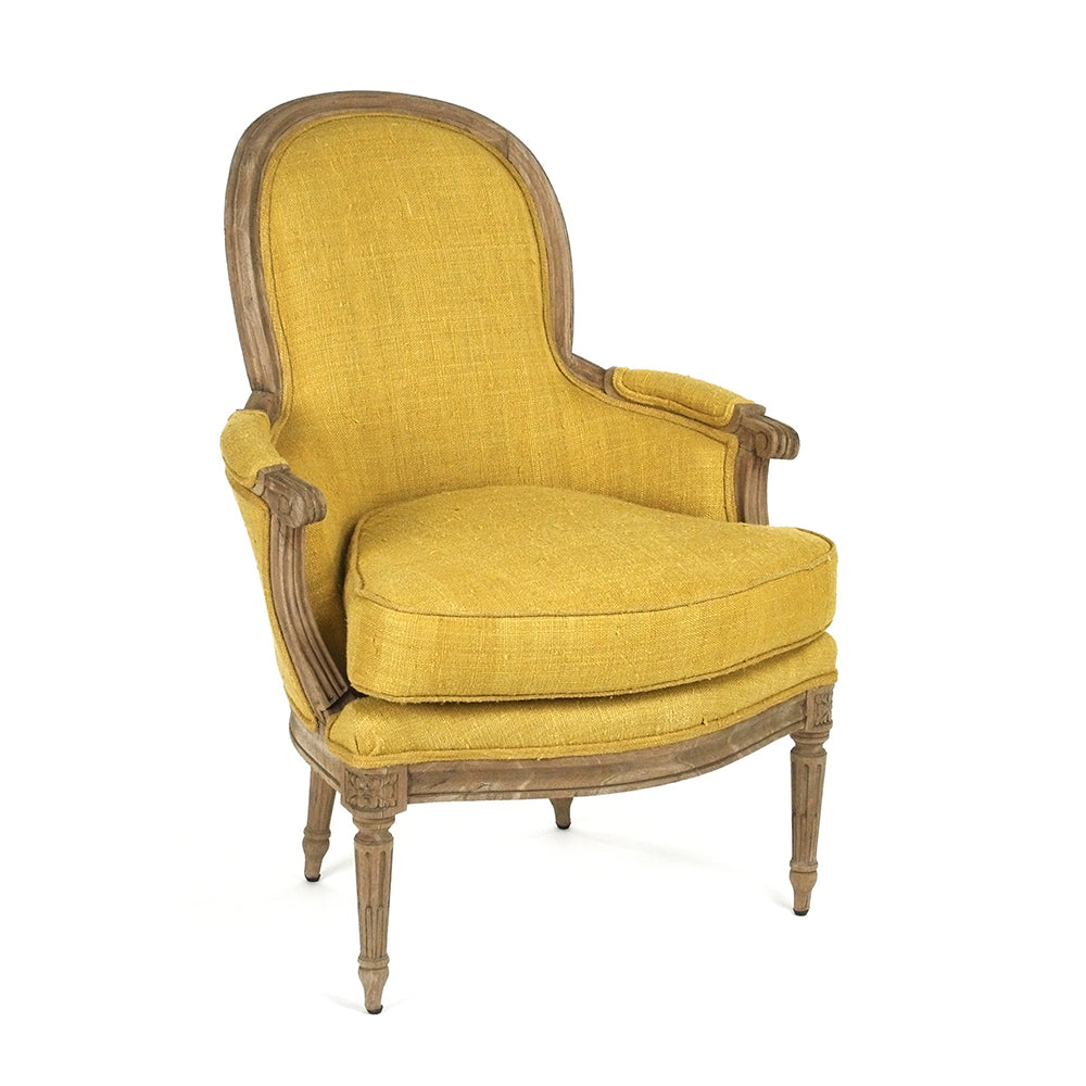 Sebastian French Carved Elm Silk Bergère Chair in Yellow Silk, studio photo 1 of 3 on a white background