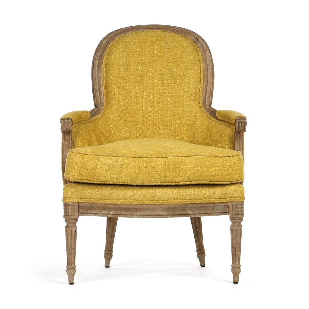Sebastian French Carved Elm Silk Bergère Chair in Yellow Silk, studio photo 2 of 3 on a white background