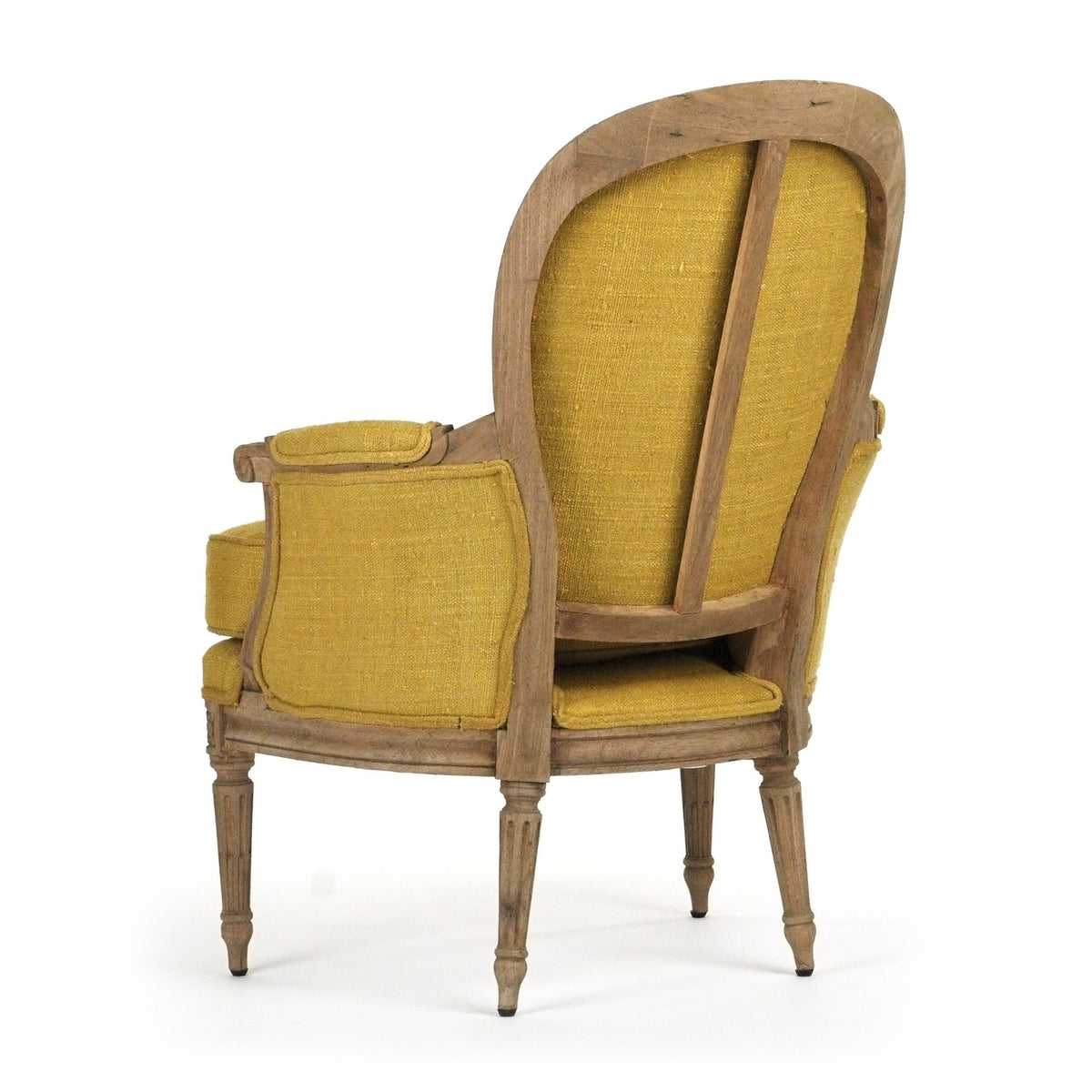 Sebastian French Carved Elm Silk Bergère Chair in Yellow Silk, studio photo 3 of 3 on a white background