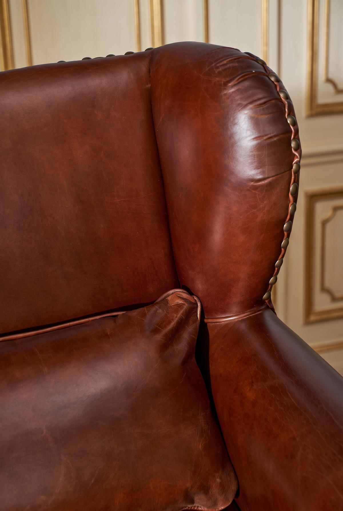 Close-up of the Sego leather wing, nailheads and lumbar pillow