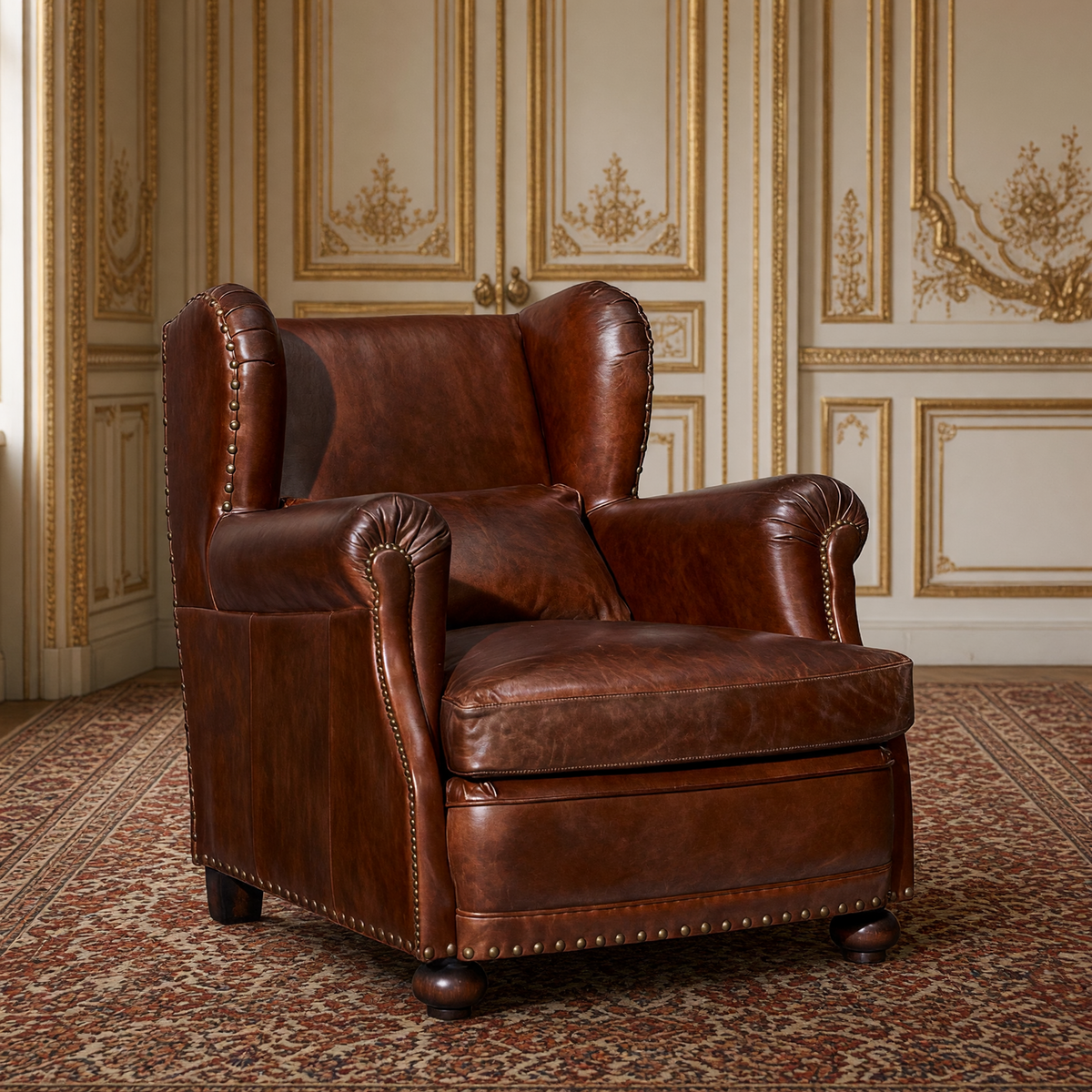 Sego leather wingback club chair in dark brown in a gilded ivory French salon