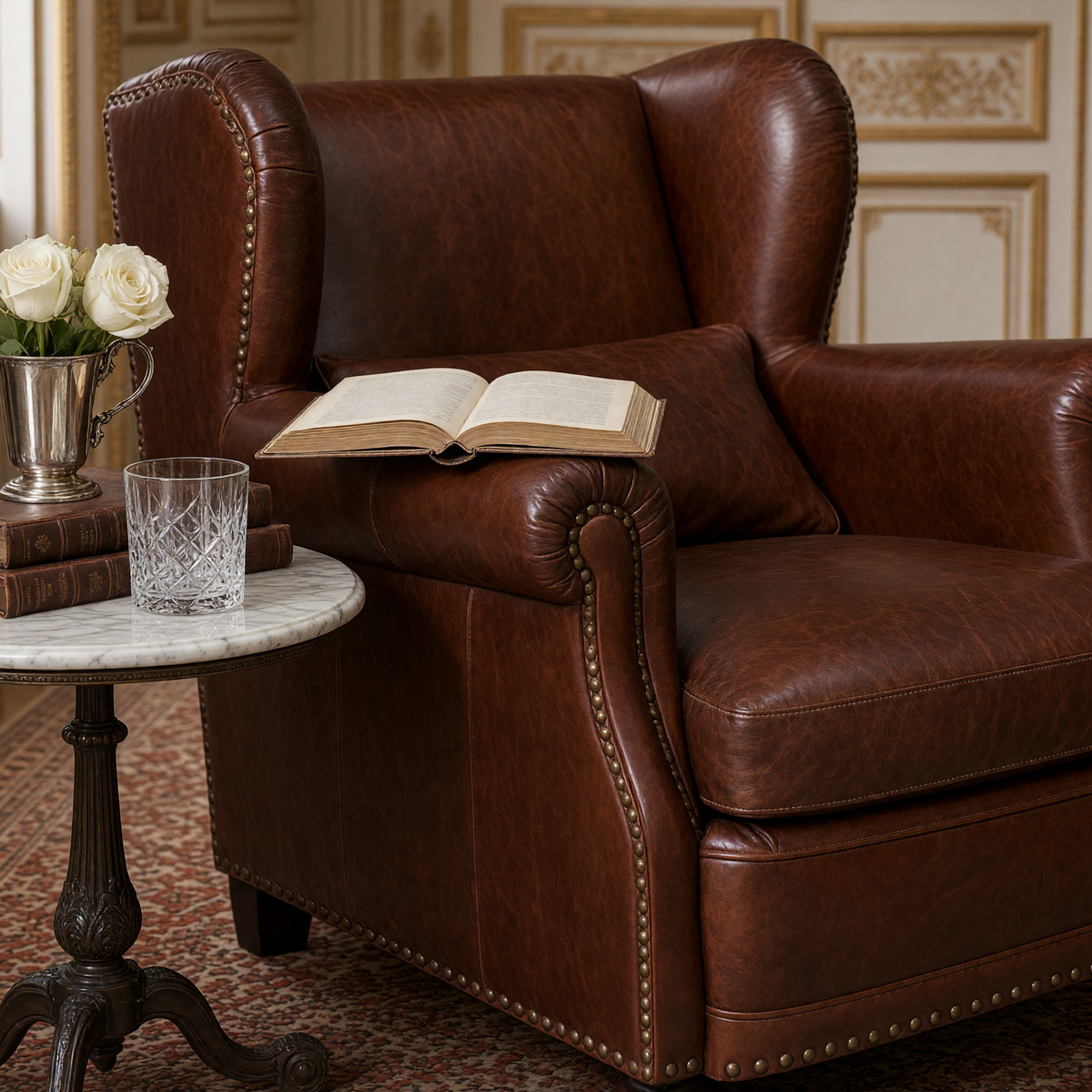 Detail of the Sego club chair with rolled arm, nailheads and lumbar pillow