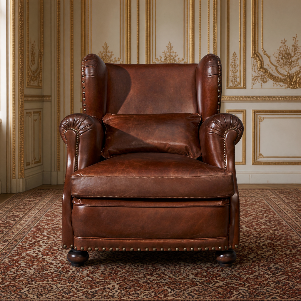 Sego leather wingback club chair, front view