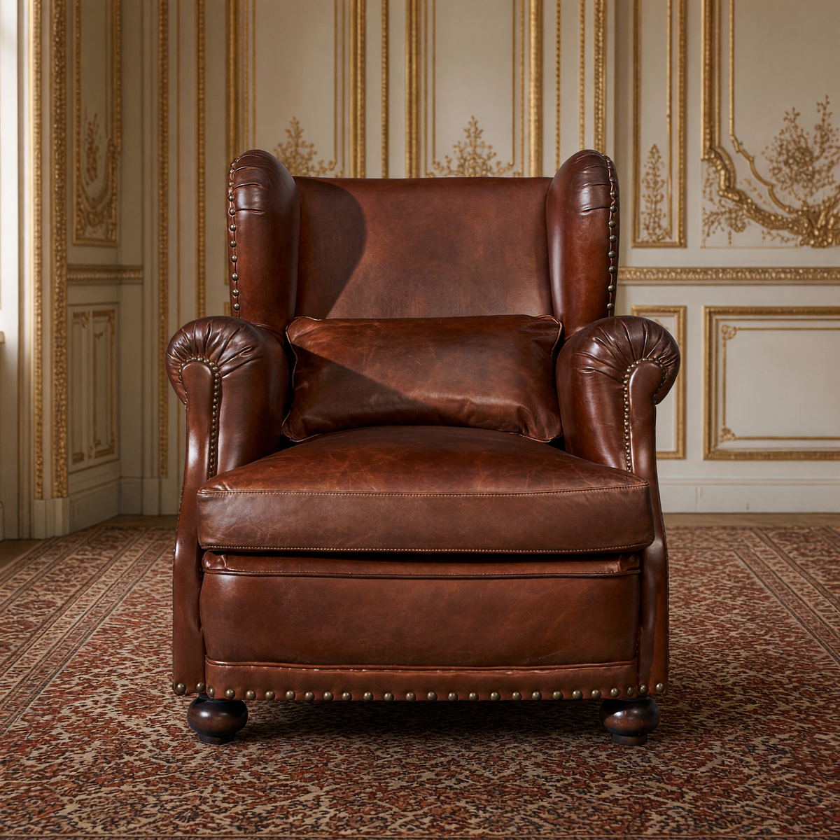 Sego leather wingback club chair, front view