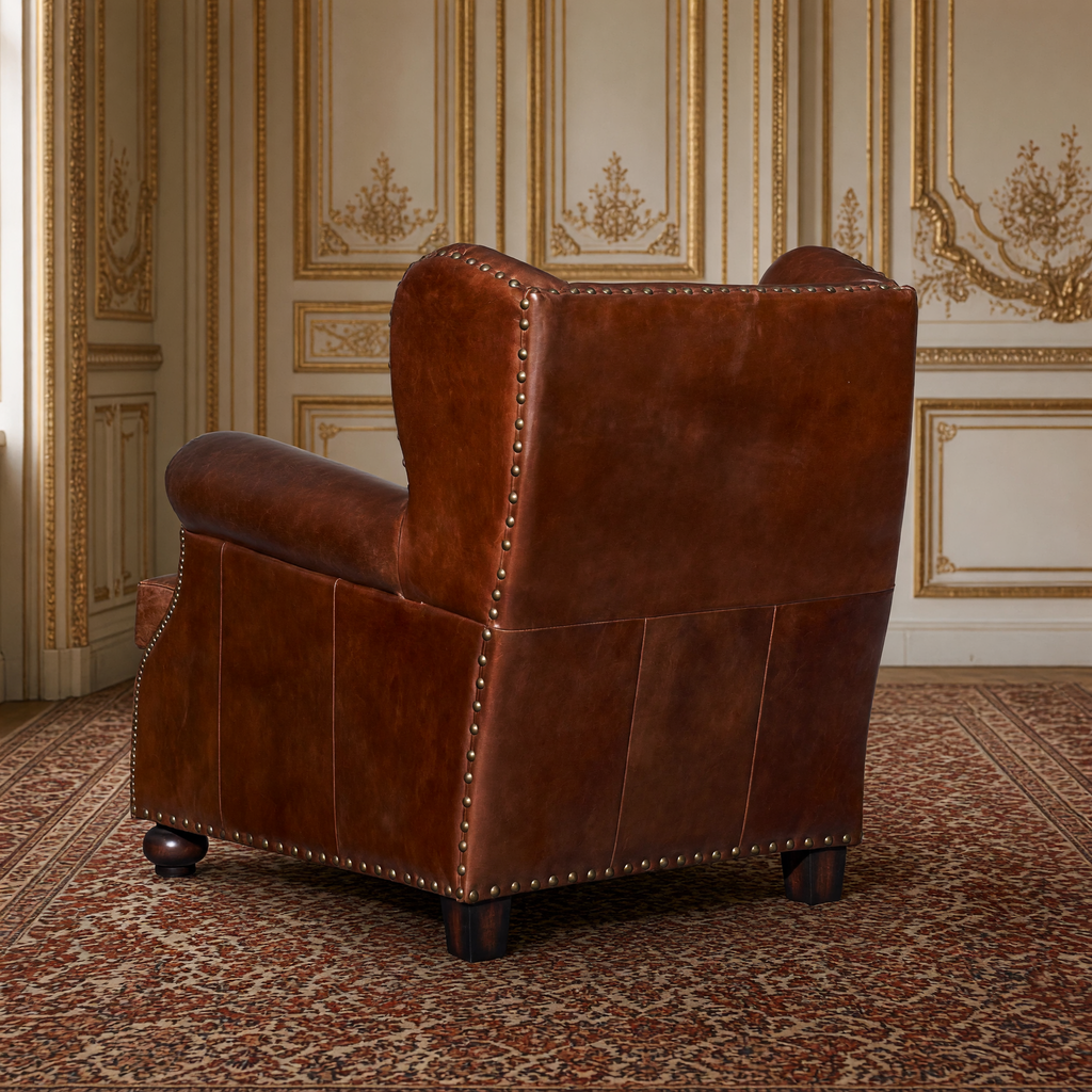 Sego leather wingback club chair, rear three-quarter view