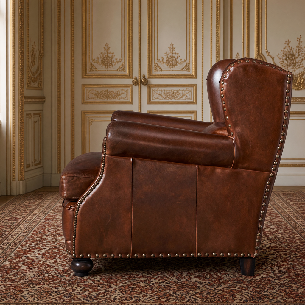Sego leather wingback club chair, side view