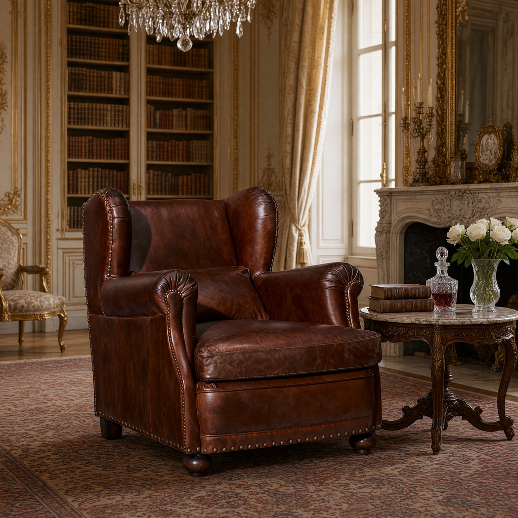 Sego leather club chair styled in a French library with a fireplace
