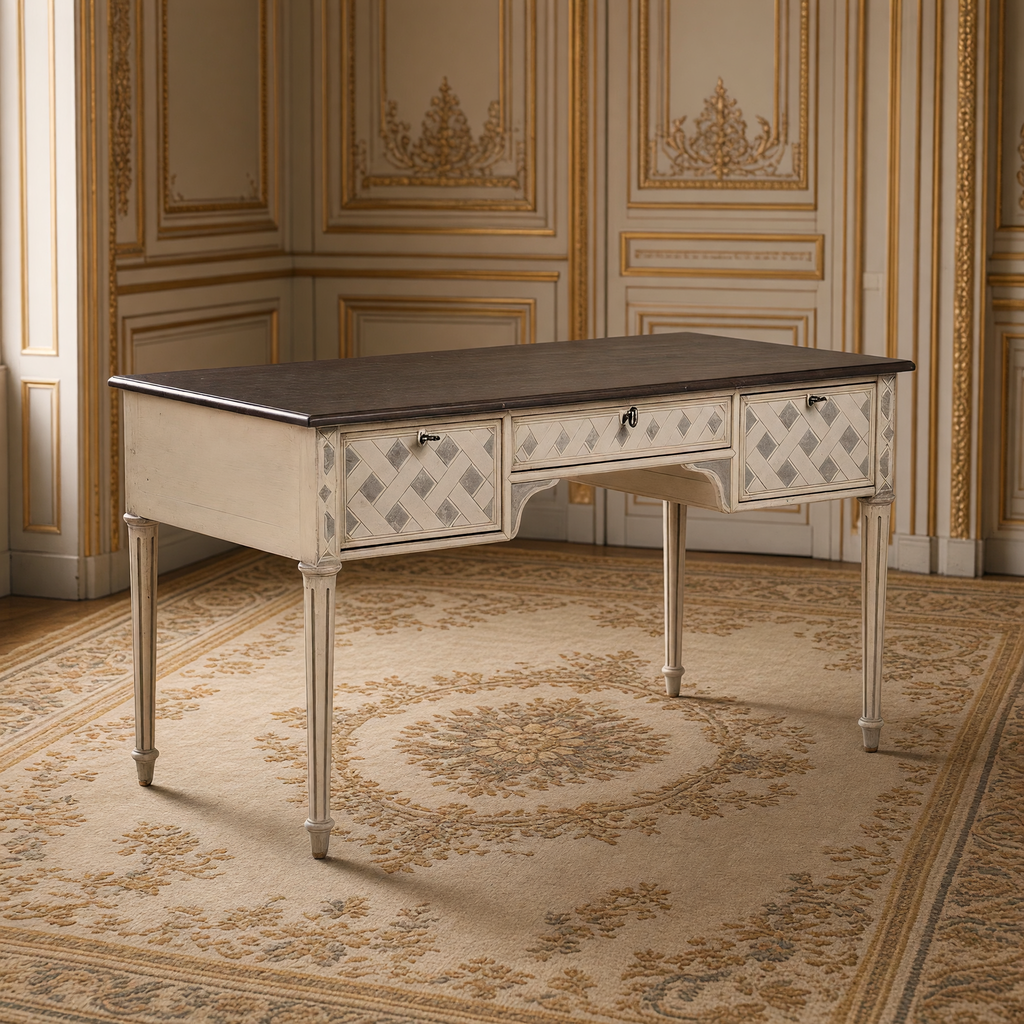 Sergei French Painted Writing Desk in Ivory on an antique Aubusson carpet in a greige and gold French boiserie study