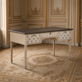 Sergei French Painted Writing Desk in Ivory on an antique Aubusson carpet in a greige and gold French boiserie study