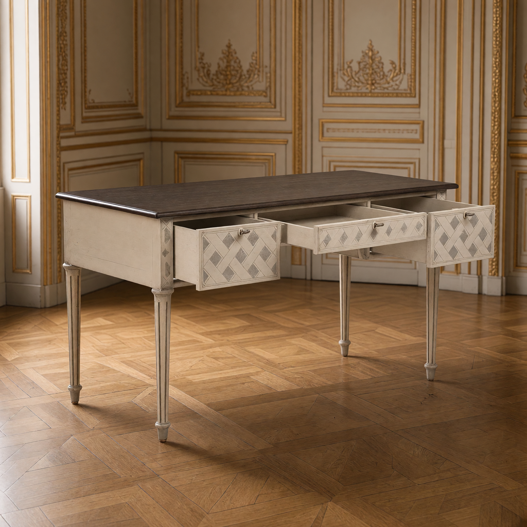 Sergei French Painted Writing Desk in Ivory with its three drawers open