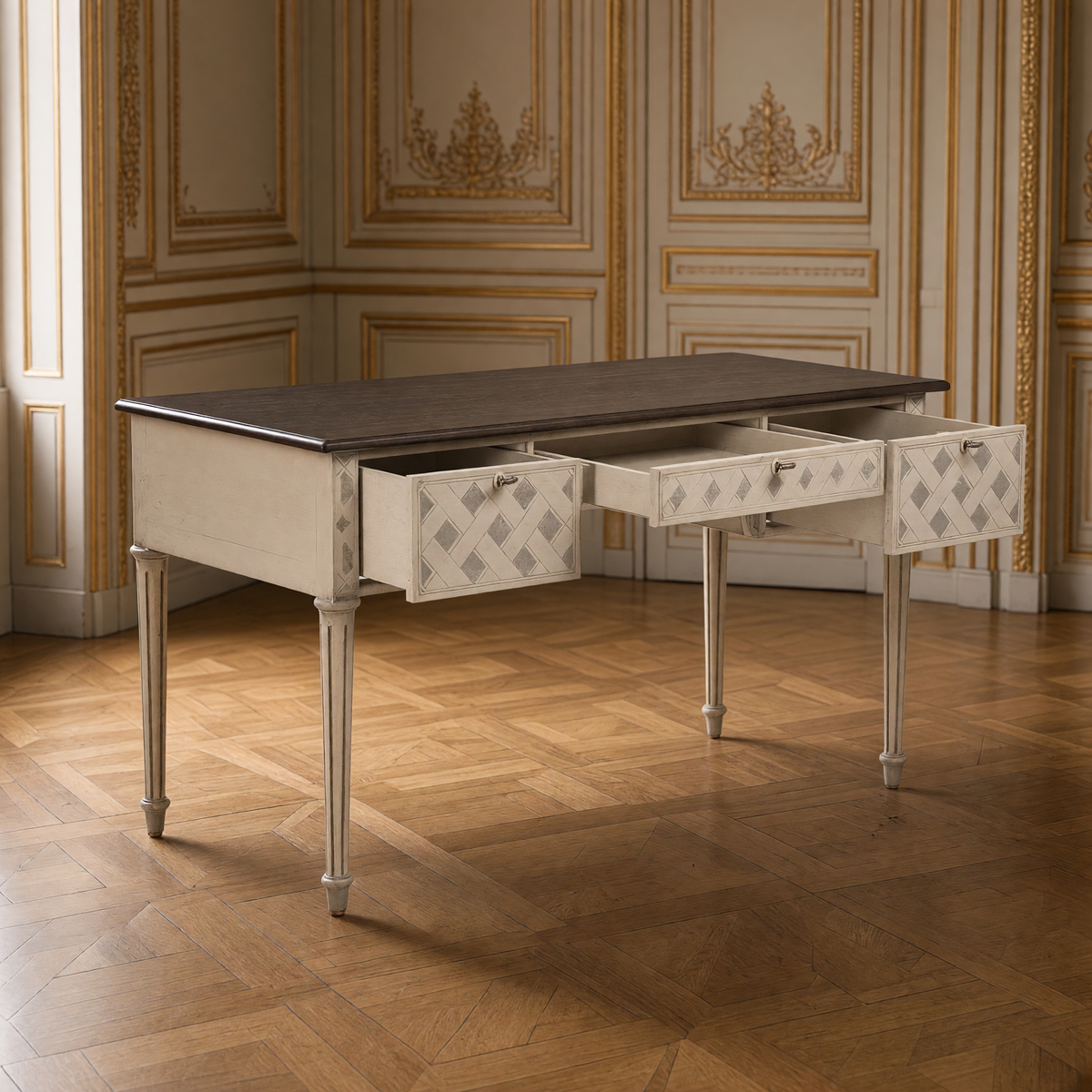Sergei French Painted Writing Desk in Ivory with its three drawers open