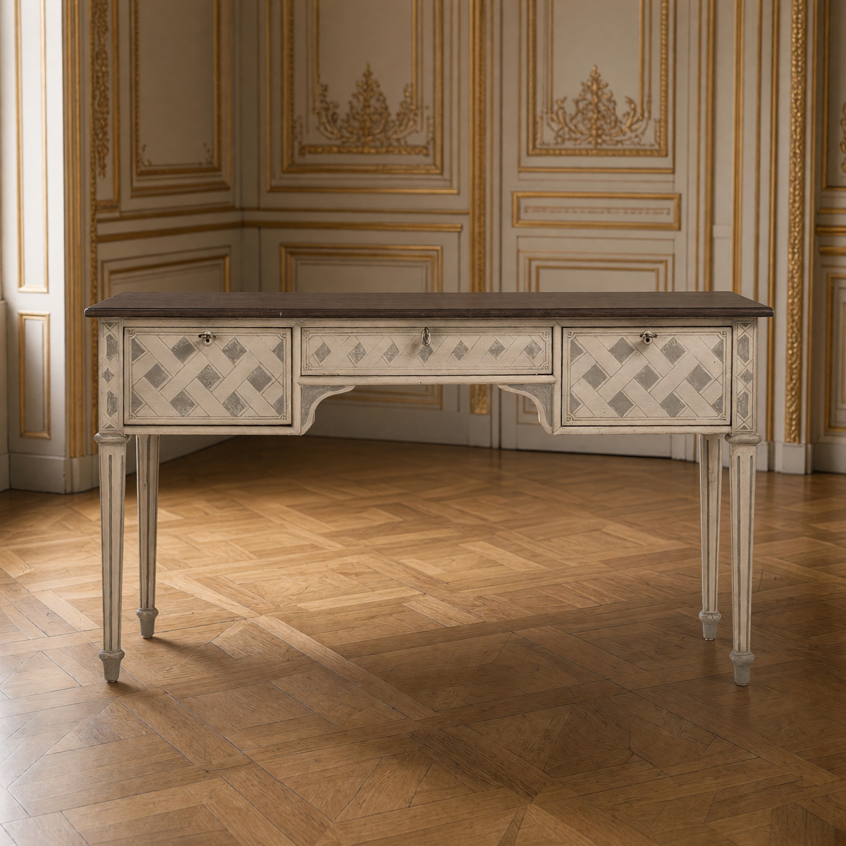Front view of the Sergei French Painted Writing Desk in Ivory in a French boiserie study