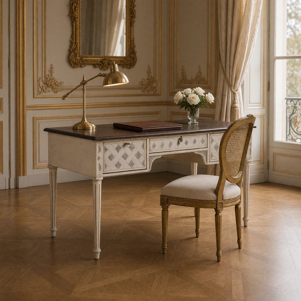 Sergei French Painted Writing Desk in Ivory styled with a cane-back Louis XVI chair, a brass desk lamp, a leather folder and white roses