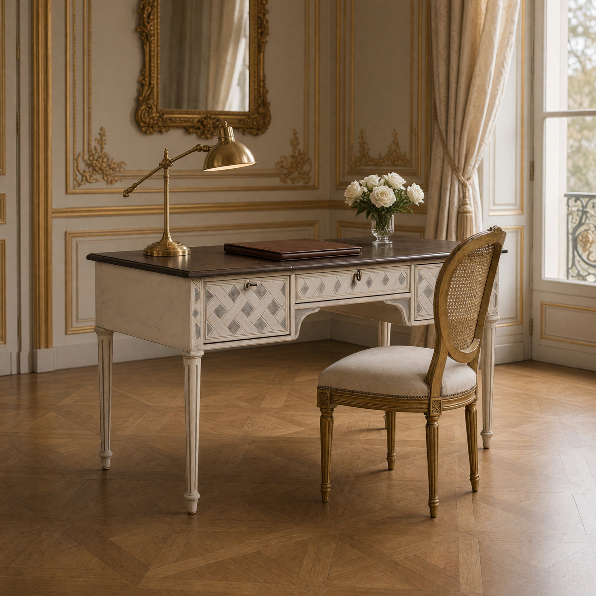 Sergei French Painted Writing Desk in Ivory styled with a cane-back Louis XVI chair, a brass desk lamp, a leather folder and white roses