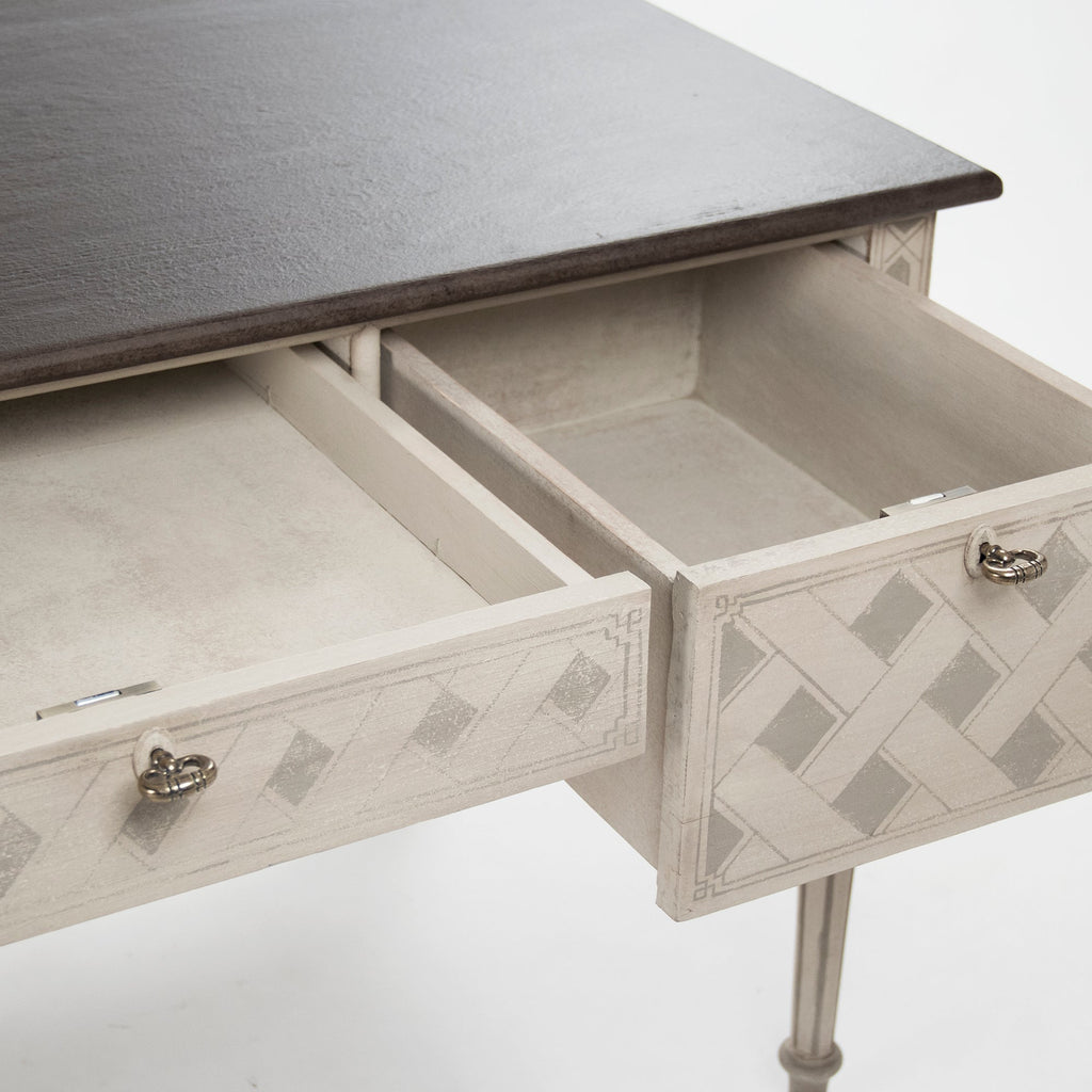 Sergei French Painted Writing Desk in Ivory, studio detail photo 4 of 6 of the open side drawer and trellis motif