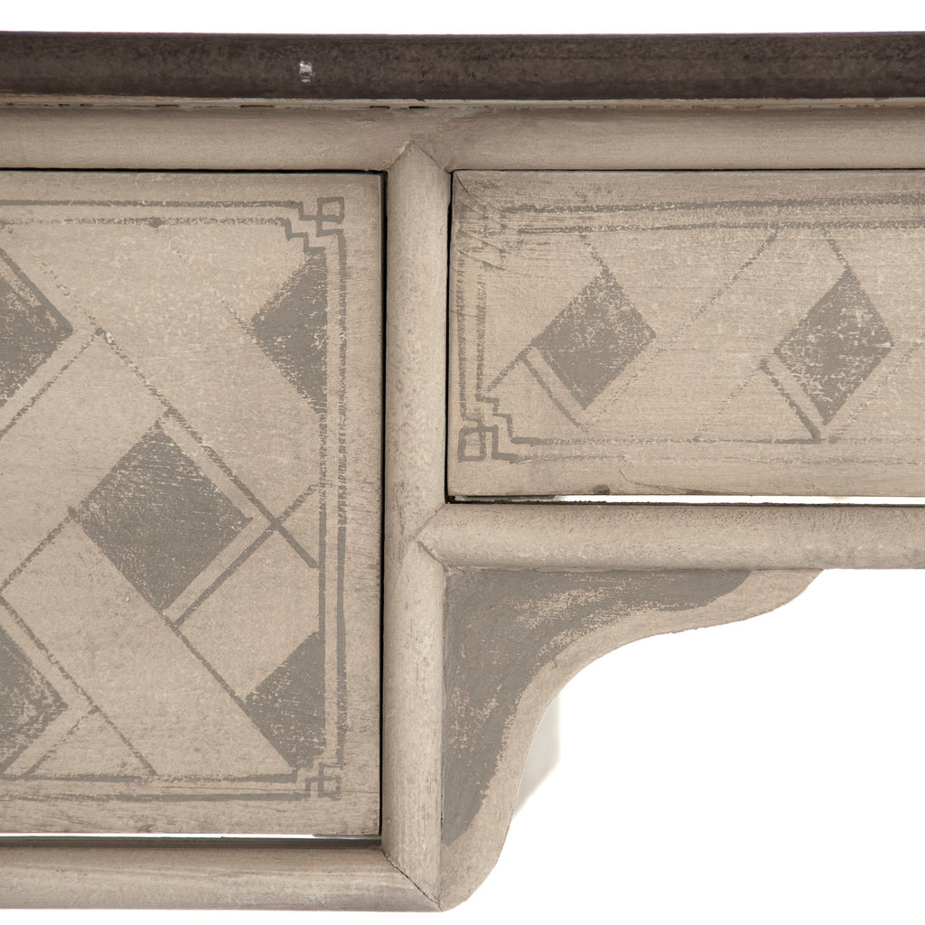 Sergei French Painted Writing Desk in Ivory, studio detail photo 6 of 6 of the painted trellis drawer front and apron