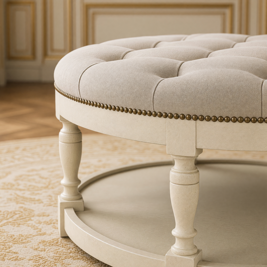 Close view of the tufted edge, turned leg and lower shelf of the Tammy round ottoman in Distressed Ivory