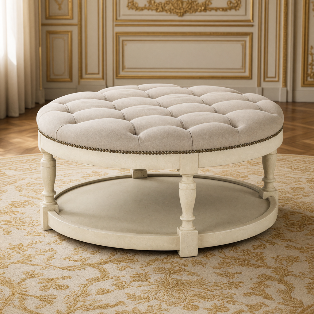 Tammy round tufted ottoman in natural linen on a distressed ivory base in a French boiserie salon