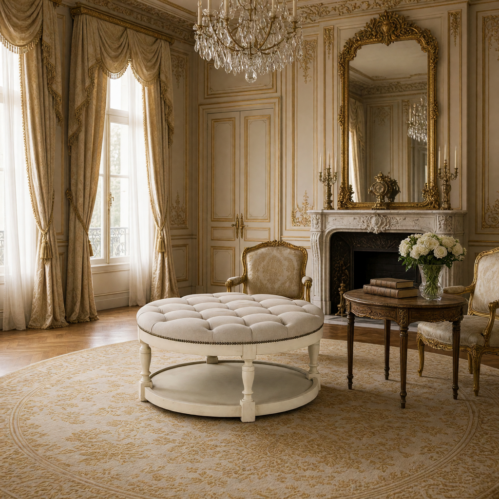 Tammy round ottoman in Distressed Ivory styled in a Louis XVI salon with gilded chairs and a marble fireplace