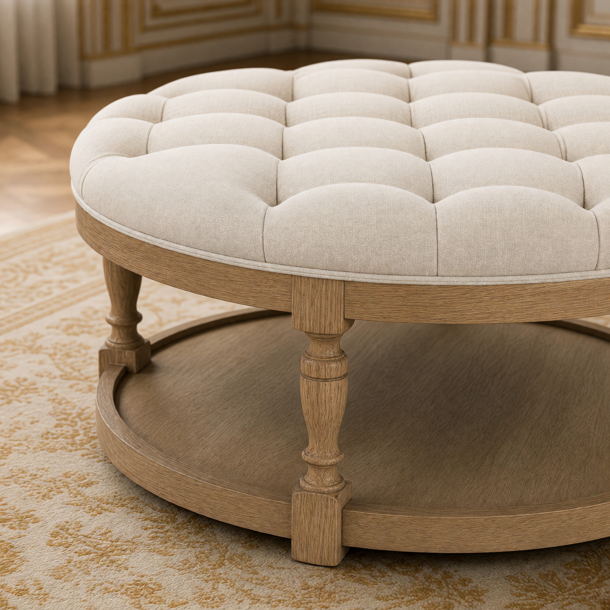 Close view of the tufted edge, turned leg and lower shelf of the Tammy round ottoman in Natural Oak (no nailhead)