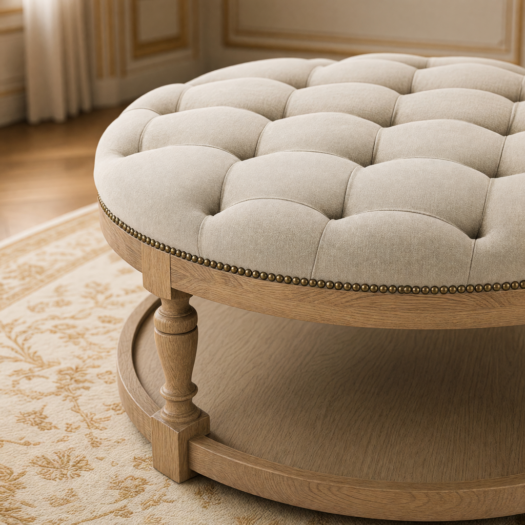 Close view of the tufted edge, turned leg and lower shelf of the Tammy round ottoman in Natural Oak with nailhead trim