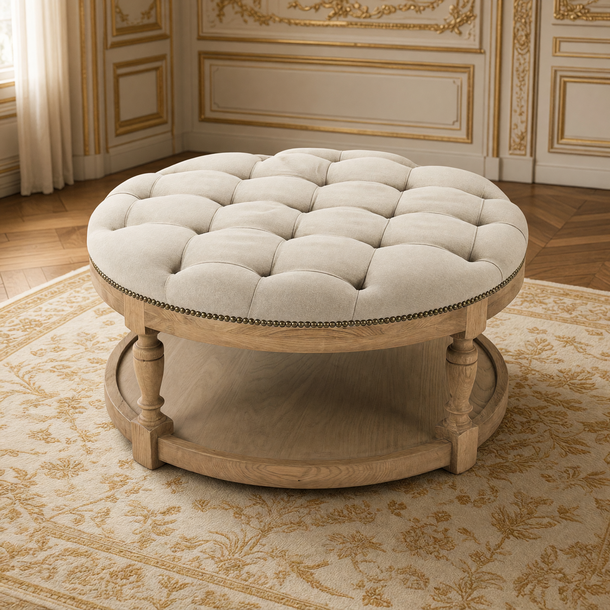 Tammy round tufted ottoman in natural linen on natural oak with nailhead trim in a French boiserie salon