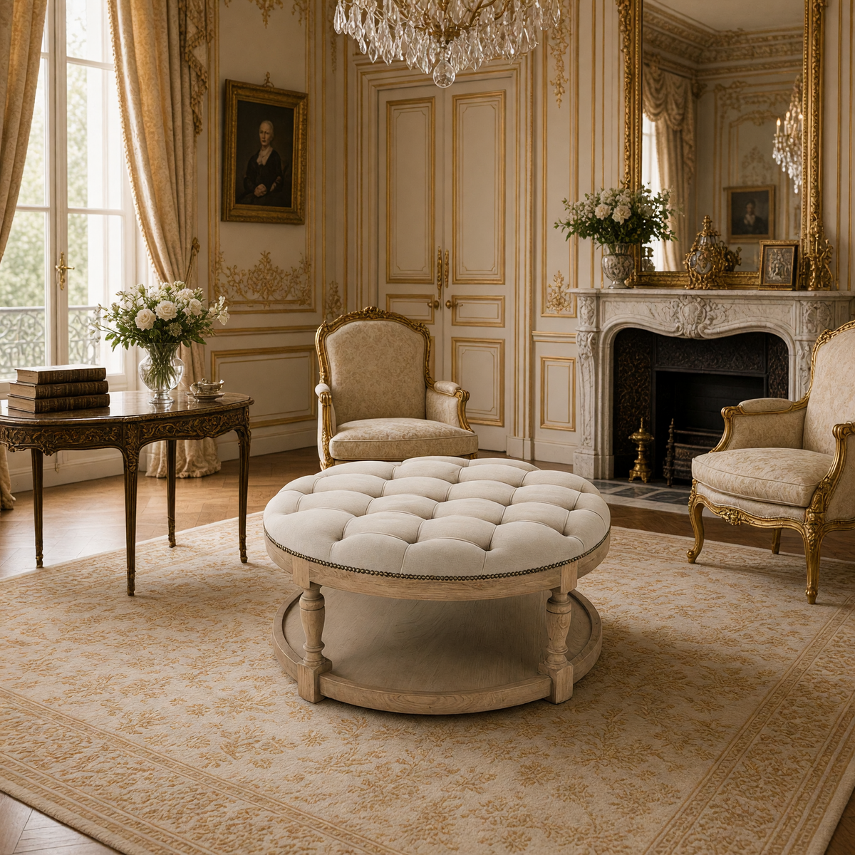 Tammy round ottoman in Natural Oak with nailhead trim styled in a Louis XVI salon with gilded chairs and a marble fireplace