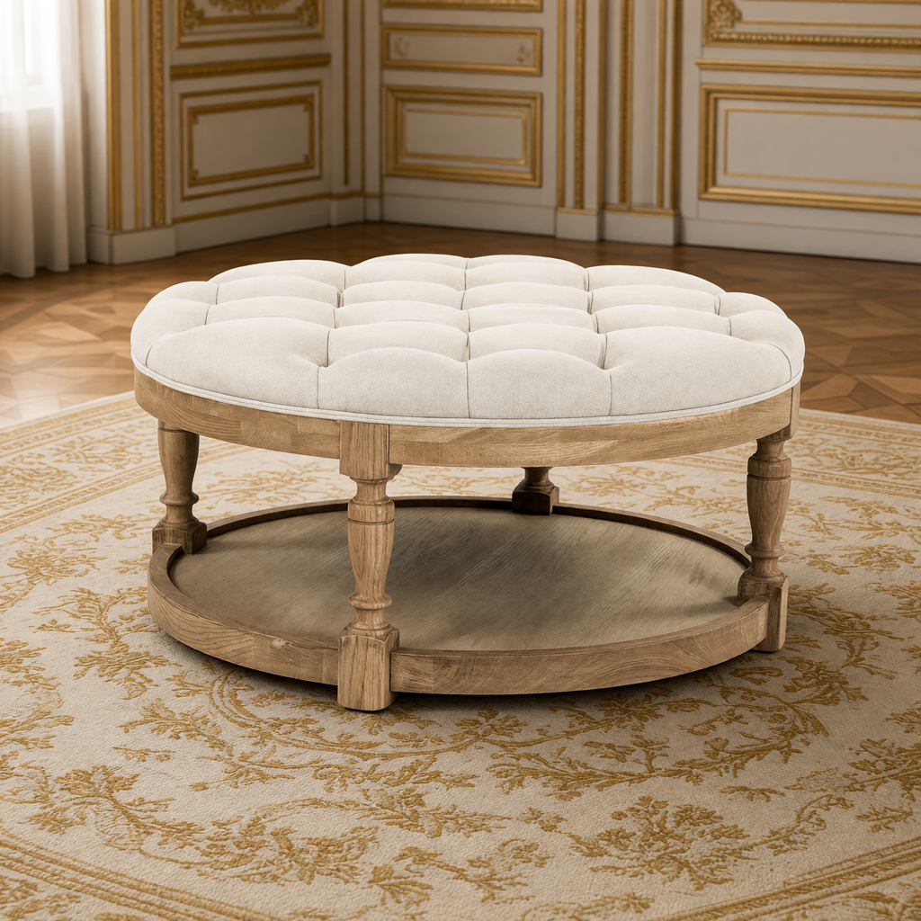 Tammy round tufted ottoman in natural linen on natural oak without nailhead trim in a French boiserie salon
