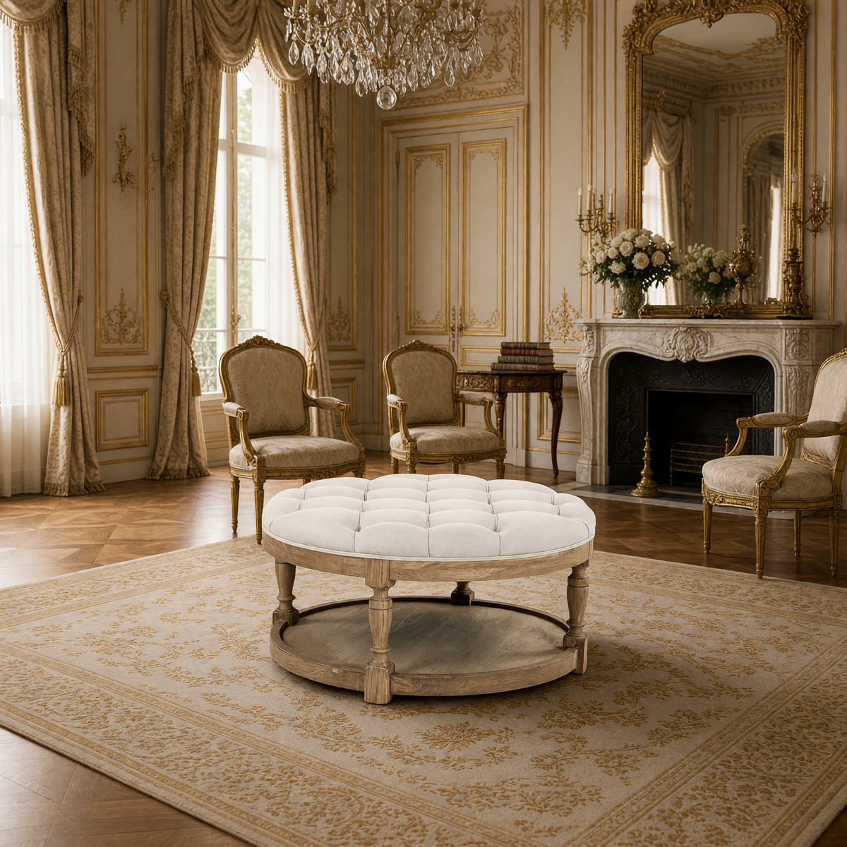 Tammy round ottoman in Natural Oak (no nailhead) styled in a Louis XVI salon with gilded chairs and a marble fireplace