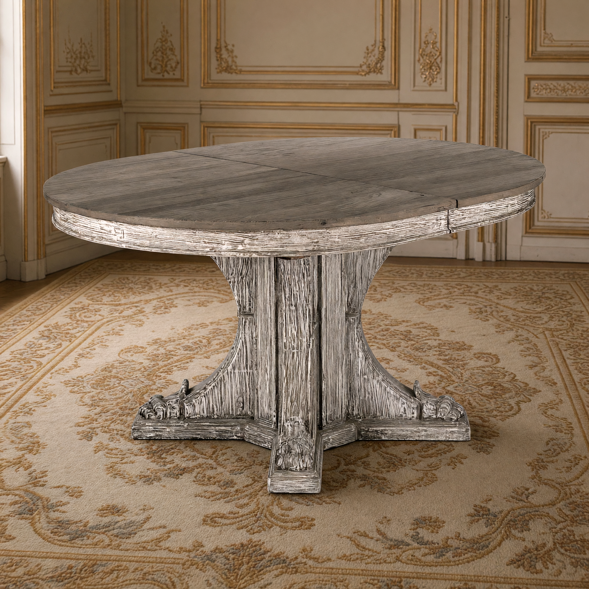 Terrell Dining Table in weathered grey pine on a carved pedestal, on an antique Aubusson carpet in an ivory and gold French boiserie dining room