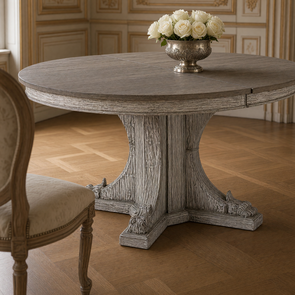 Close view of the carved pedestal and scroll feet of the Terrell Dining Table