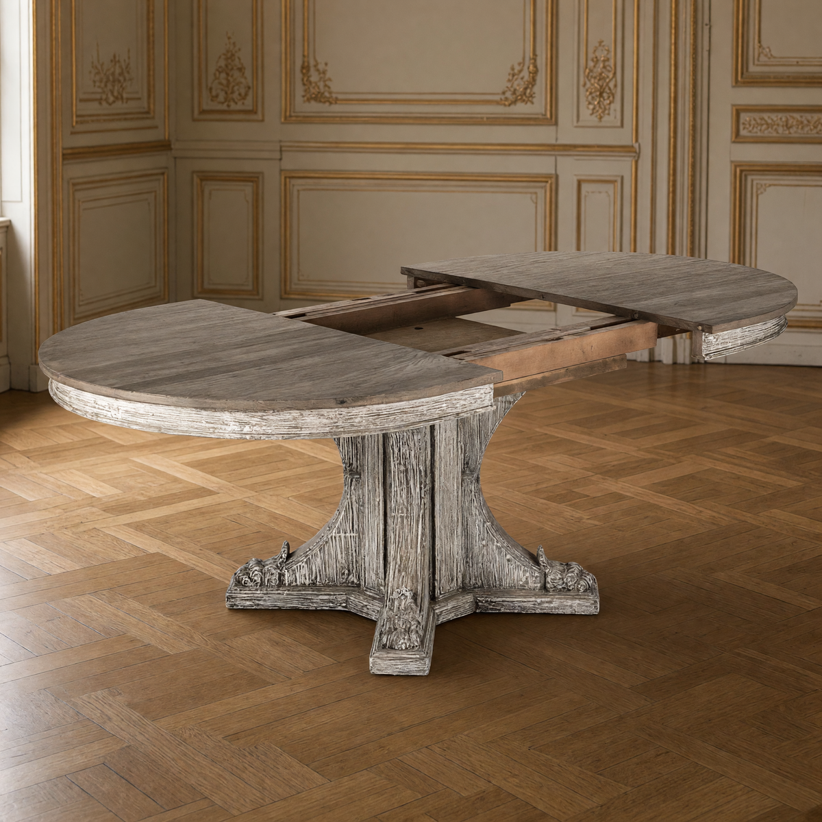 Terrell Dining Table with its top halves drawn apart to show the extension slides