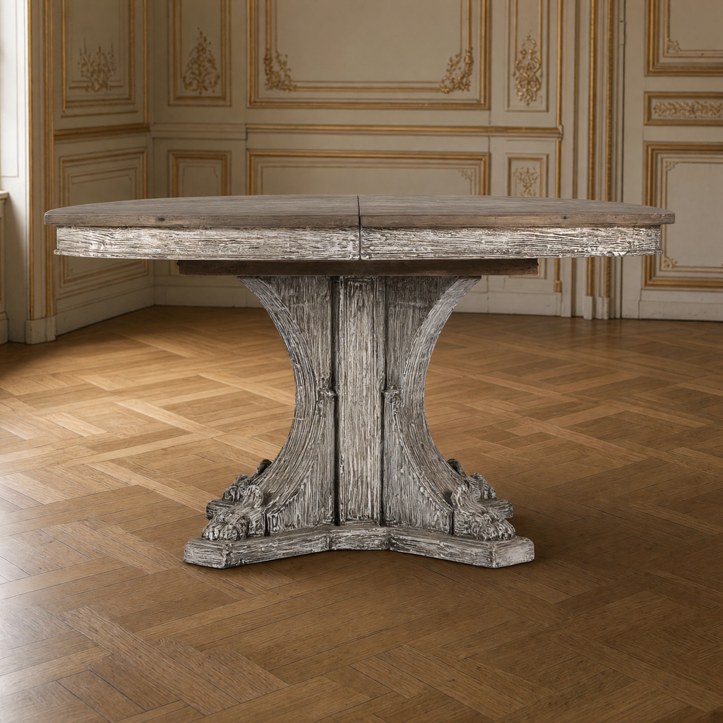 Front view of the Terrell Dining Table showing the fluted pedestal column and carved scroll feet