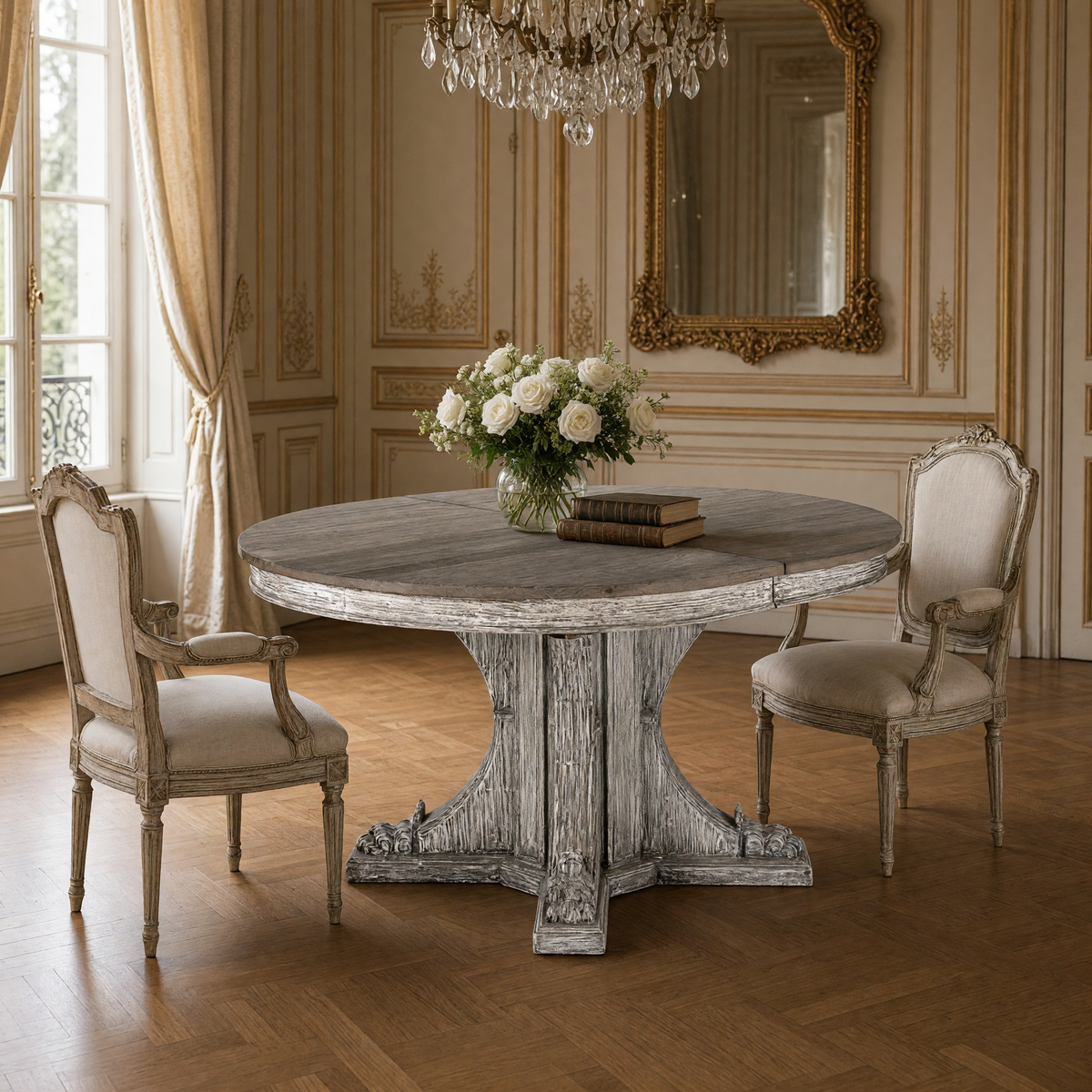 Terrell Dining Table styled in a Louis XVI dining room with linen chairs, a gilded mirror and an unlit crystal chandelier