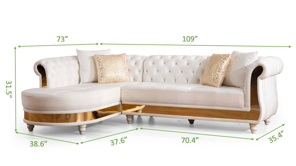Tufted velvet L-shaped sectional in beige dimensions diagram, 109 by 73 inches