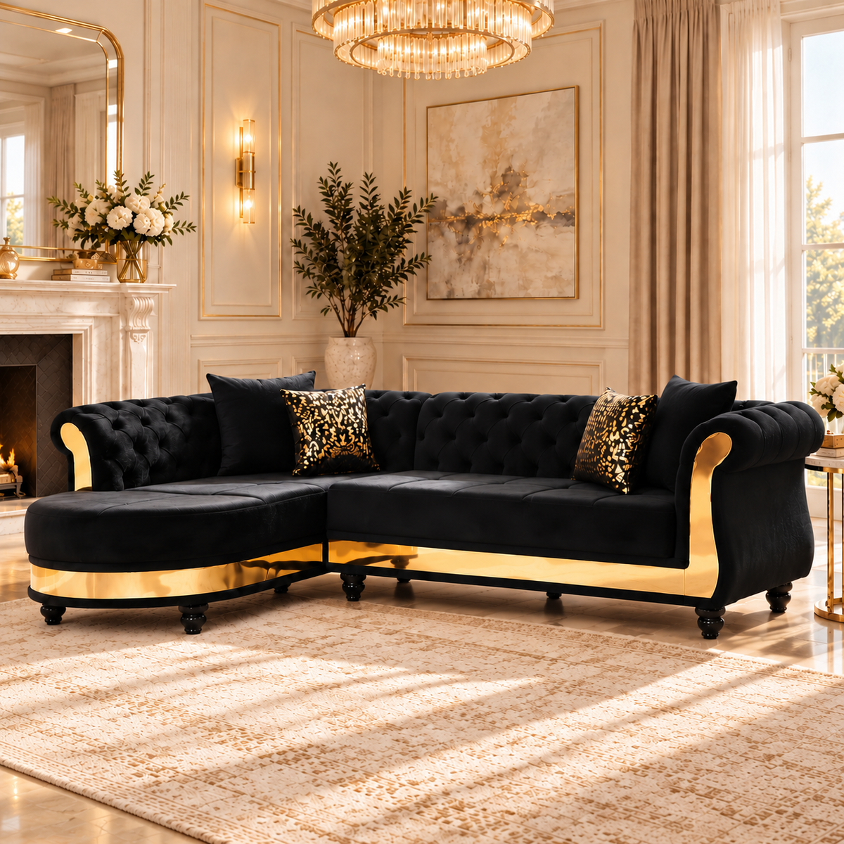 Tufted velvet L-shaped sectional in black with gold trim, three-quarter view in a living room
