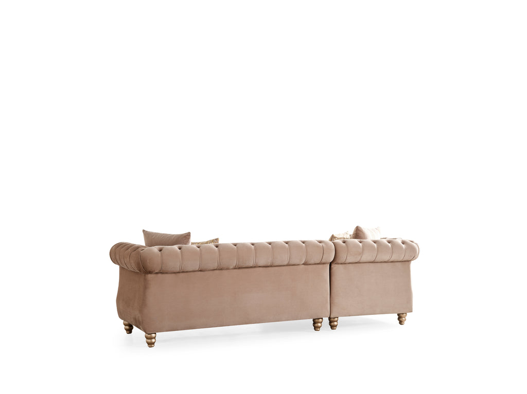 Tufted velvet L-shaped sectional in taupe, back view with gold legs
