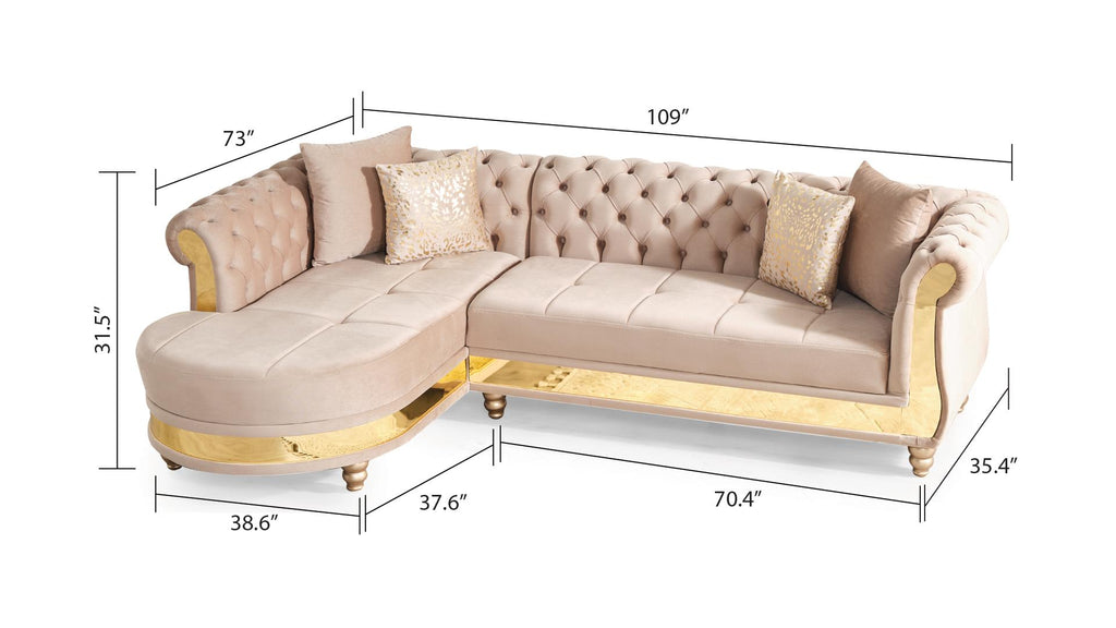 Tufted velvet L-shaped sectional in taupe dimensions diagram, 109 by 73 inches