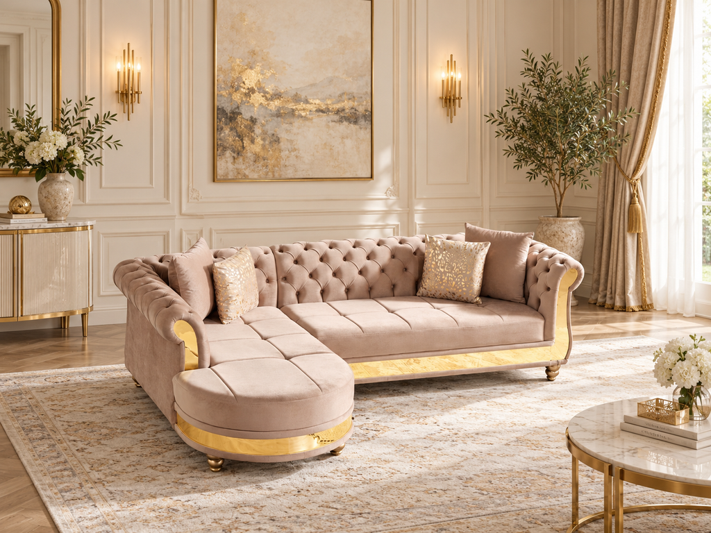 Tufted velvet L-shaped sectional in taupe with gold trim styled in a living room