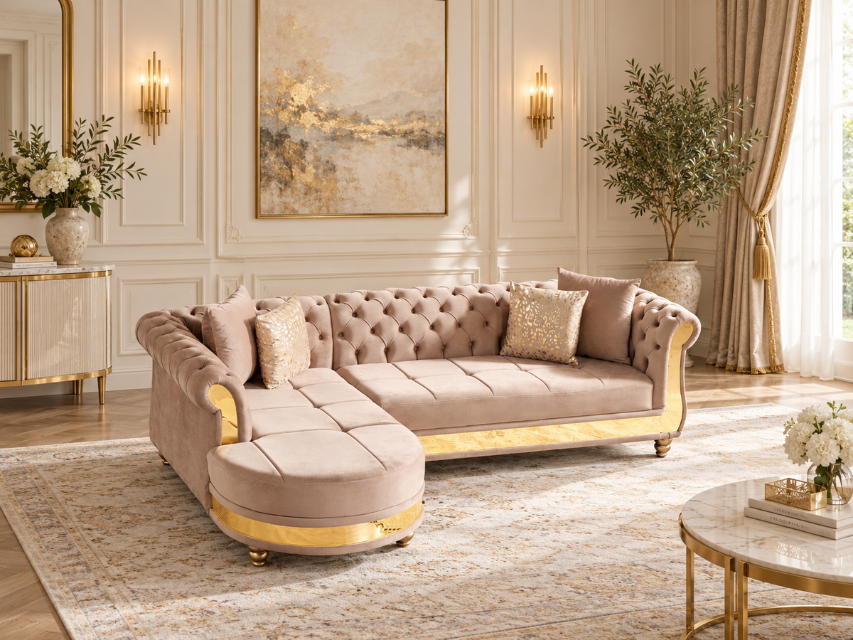 Tufted velvet L-shaped sectional in taupe with gold trim styled in a living room