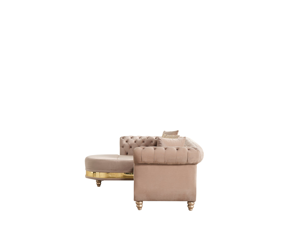 Tufted velvet L-shaped sectional in taupe, side view from the chaise end
