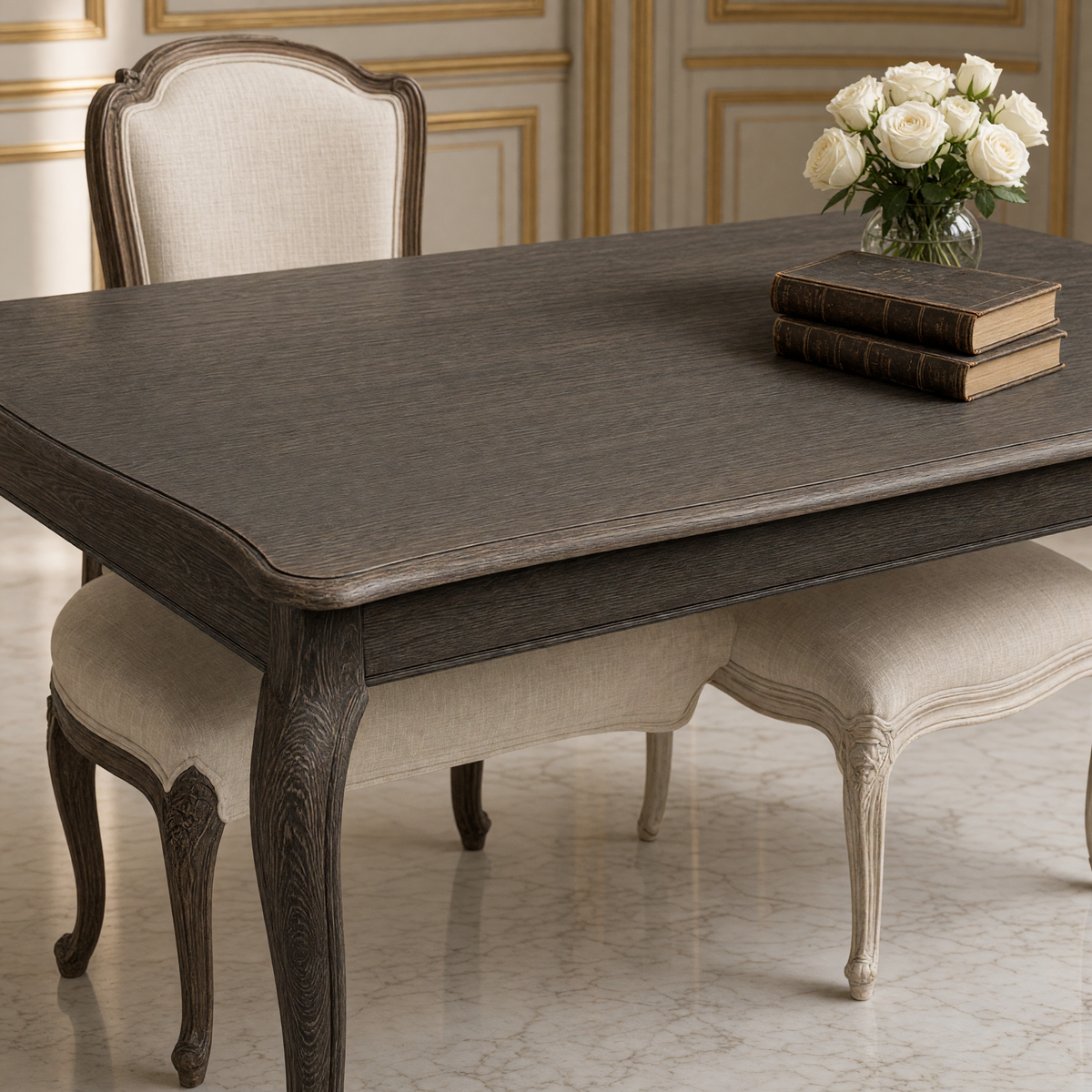 Close view of the limed charcoal oak top and cabriole leg of the Vineyard Oak Cabriole Dining Table