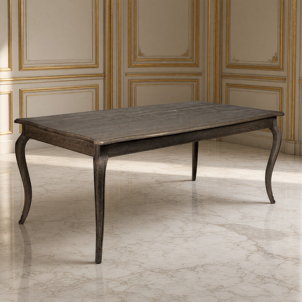 Vineyard Oak Cabriole Dining Table in Limed Charcoal Oak on a cream marble floor in a French boiserie dining room